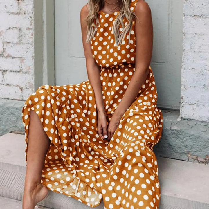 Polka Dot Maxi Dress with Round Neckline and Gathered Waist