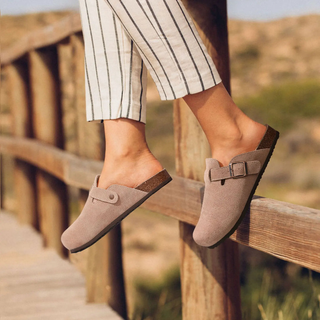Closed Toe Mules with Adjustable Buckle Strap and Textured Outsole