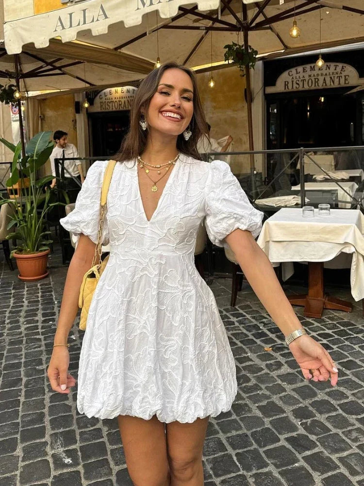 Embroidered Mini Dress with V-Neckline and Puff Sleeves