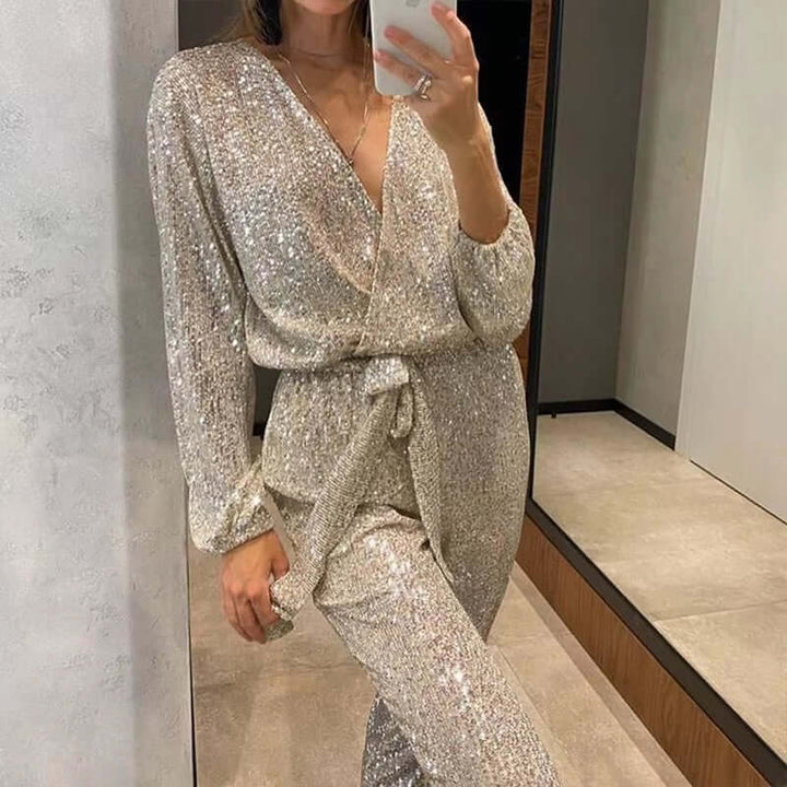 Sequin Jumpsuit with V-Neckline, Tie Waist, and Long Sleeves