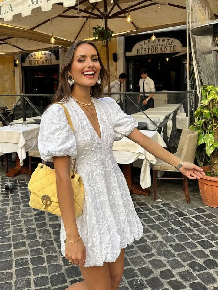Embroidered Mini Dress with V-Neckline and Puff Sleeves
