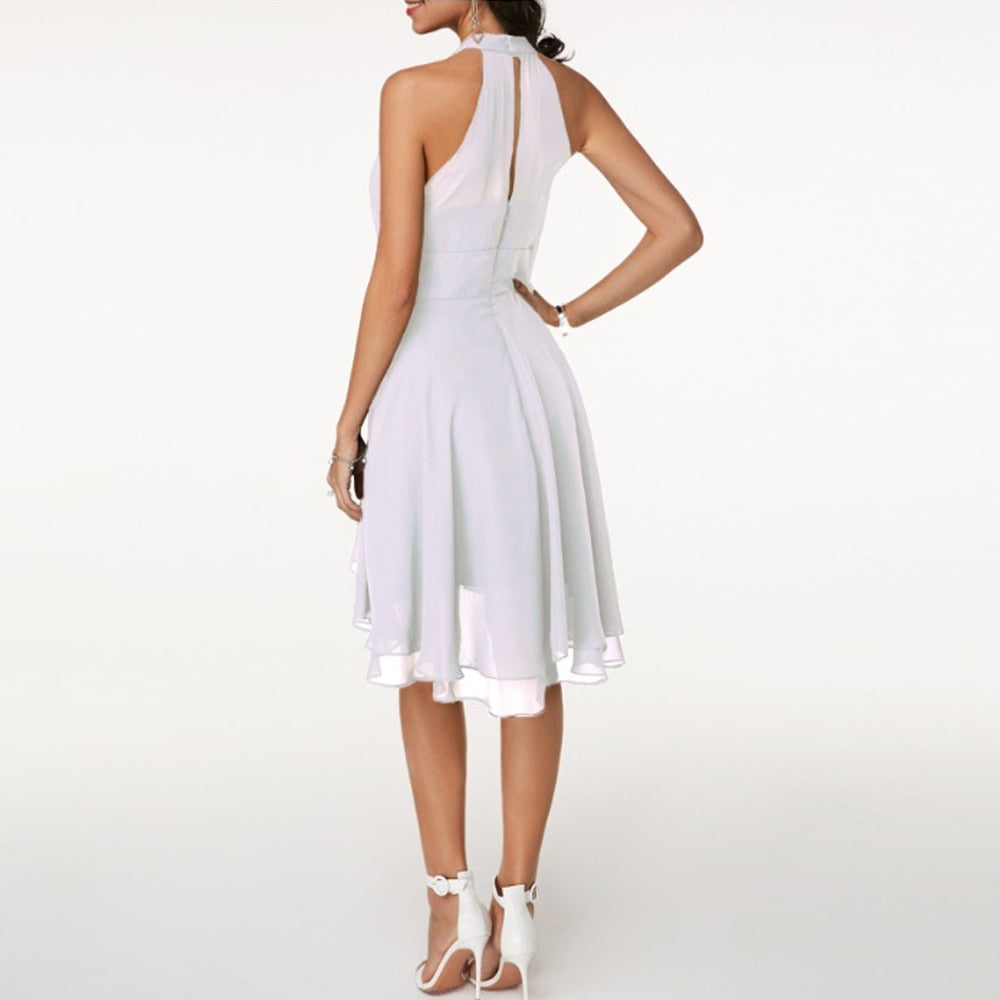 Chiffon Mini Dress with Halter Neckline and High-Low Hem