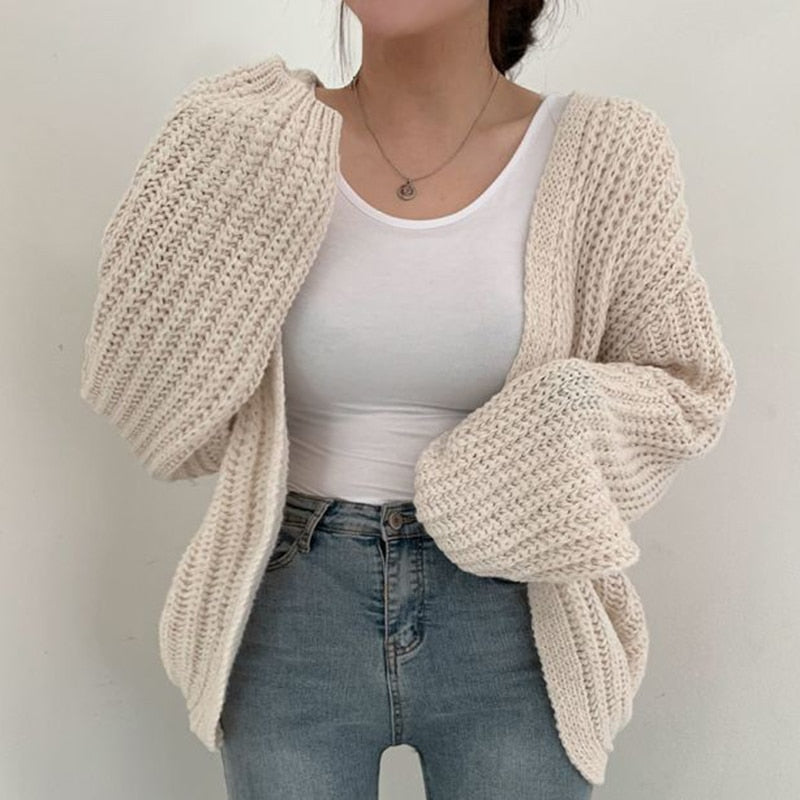 Chunky Knit Open Front Cardigan with Balloon Sleeves
