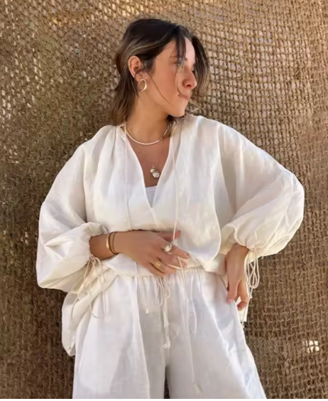 Two-Piece Lounge Set with Long Sleeve Top and Ruffled Hem Shorts for Women