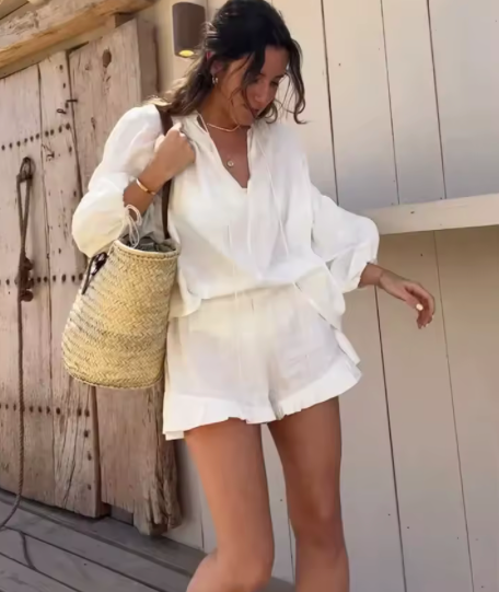 Two-Piece Lounge Set with Long Sleeve Top and Ruffled Hem Shorts for Women