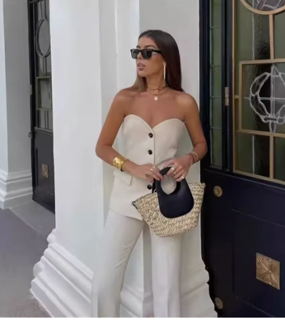 Strapless Blazer and Flared Trouser Set