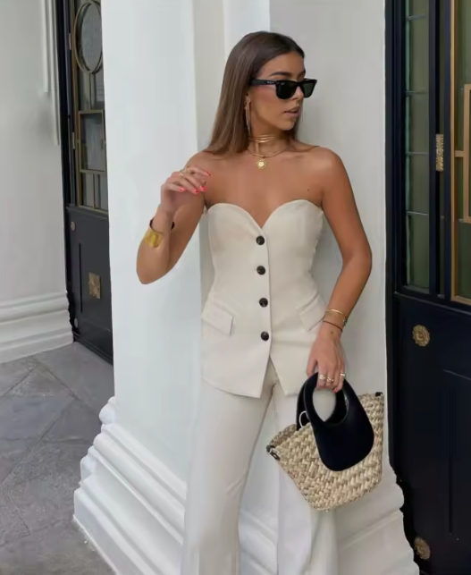 Strapless Blazer and Flared Trouser Set