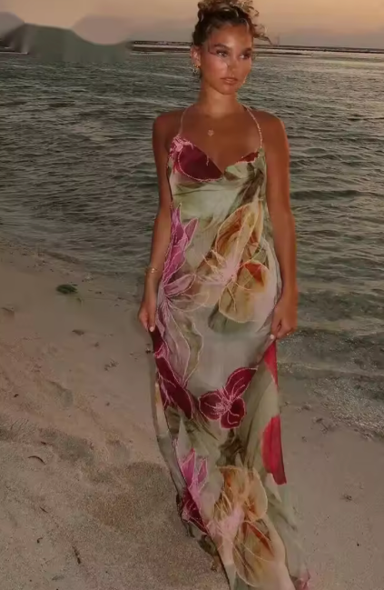 Cowl-Neck Maxi Dress with Chain Halter and Open Back