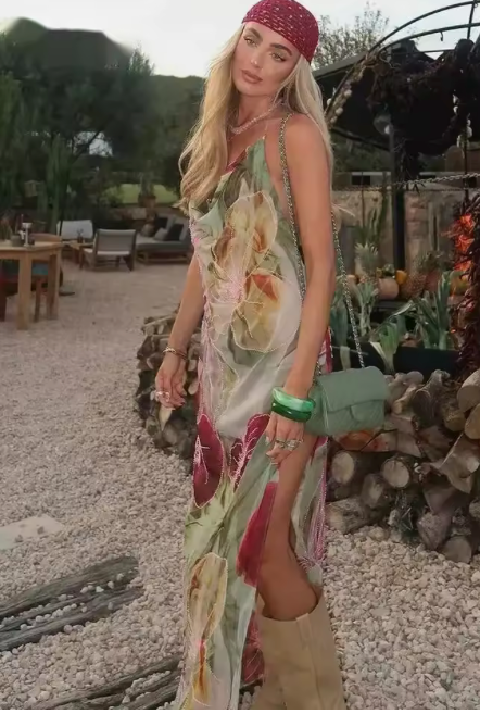 Cowl-Neck Maxi Dress with Chain Halter and Open Back