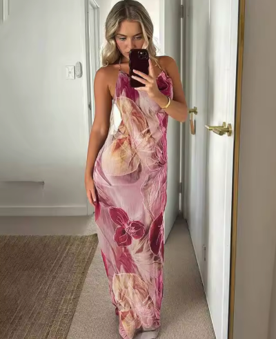 Cowl-Neck Maxi Dress with Chain Halter and Open Back