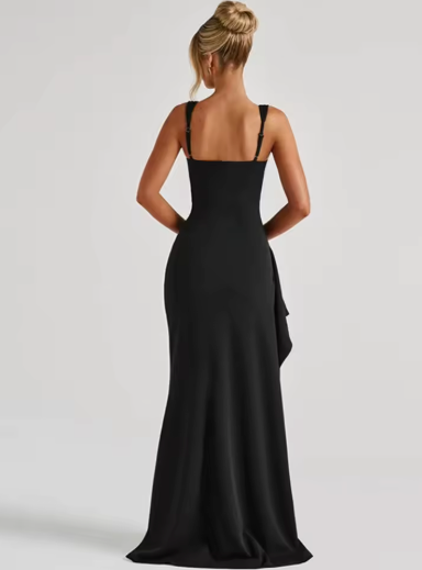 Formal Maxi Dress with Square Neck, Wide Straps, and High Side Slit