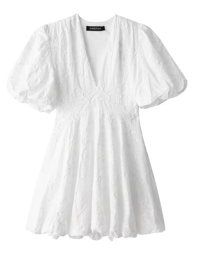 Embroidered Mini Dress with V-Neckline and Puff Sleeves