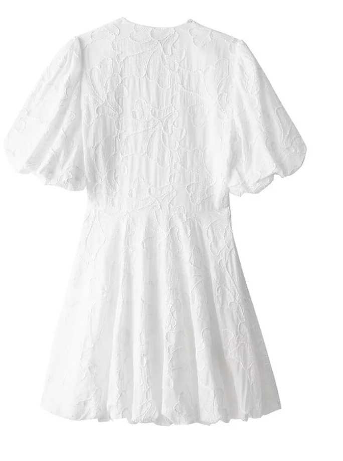 Embroidered Mini Dress with V-Neckline and Puff Sleeves