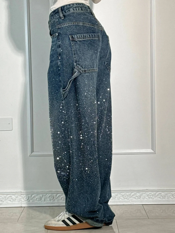 Embellished Wide-Leg Denim Trousers with Side Tool Pockets