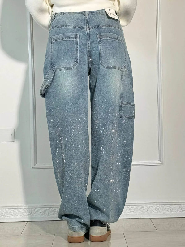 Embellished Wide-Leg Denim Trousers with Side Tool Pockets