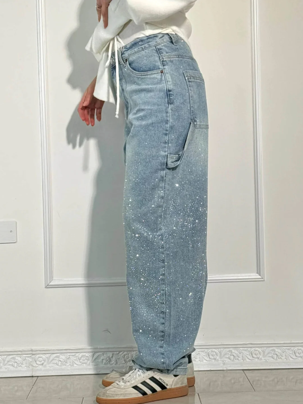 Embellished Wide-Leg Denim Trousers with Side Tool Pockets