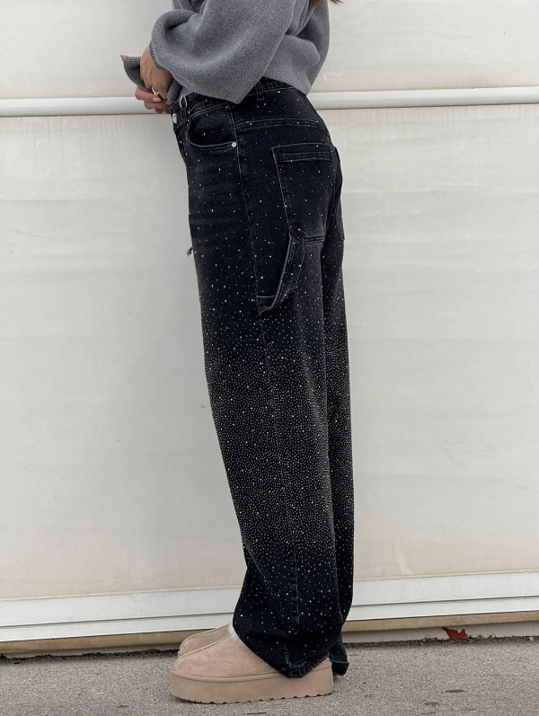 Embellished Wide-Leg Denim Trousers with Side Tool Pockets