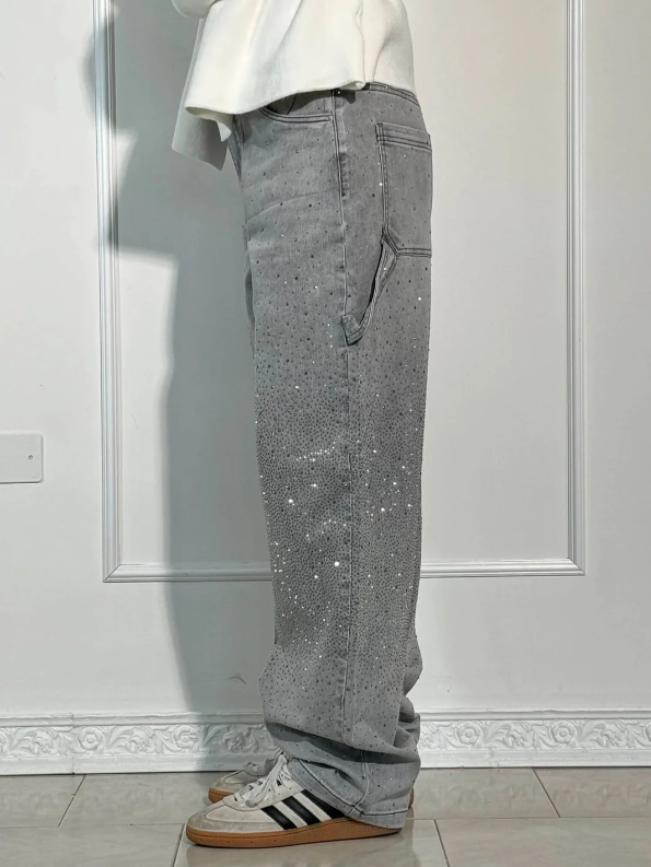 Embellished Wide-Leg Denim Trousers with Side Tool Pockets