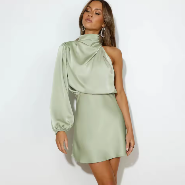 One-Shoulder Mini Dress with Long Balloon Sleeve and Cowl Neck