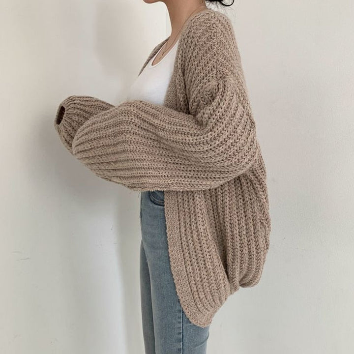 Chunky Knit Open Front Cardigan with Balloon Sleeves
