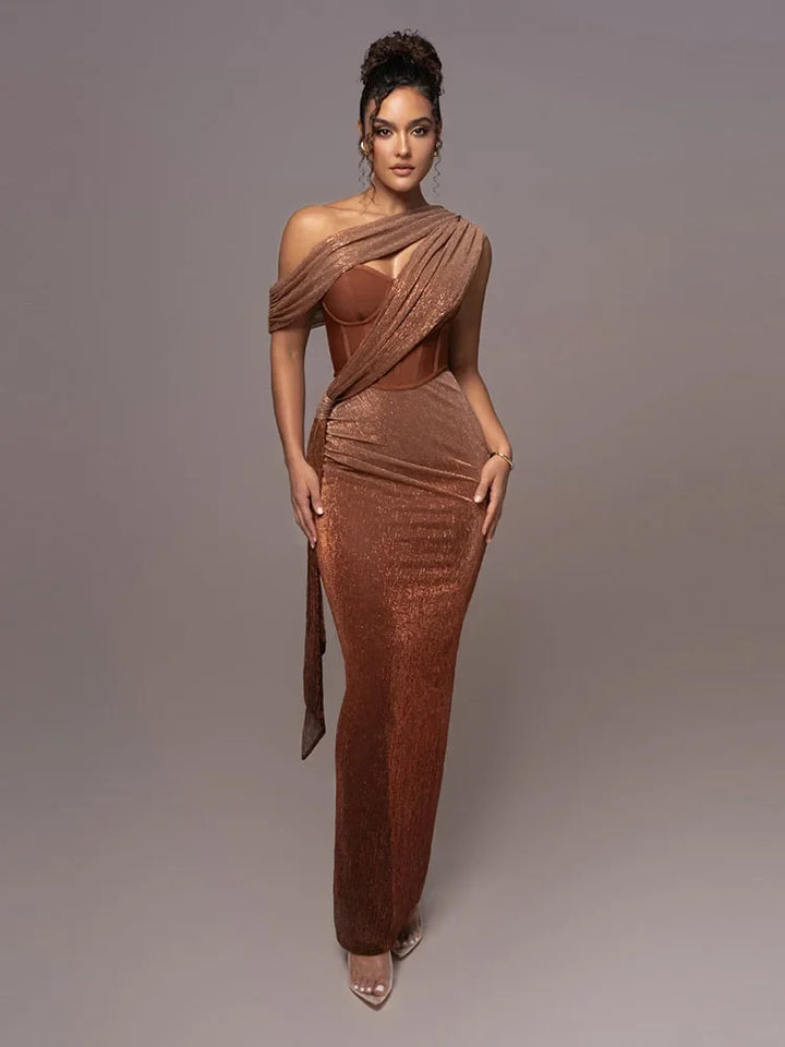 One-Shoulder Maxi Dress with Draped Overlay and Corset Bodice