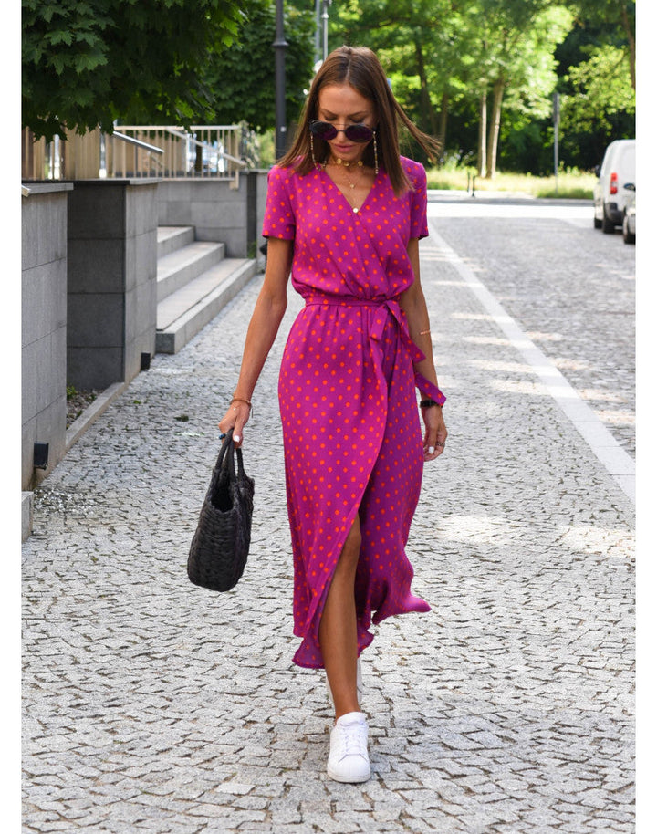 Short Sleeve V-Neck Wrap Dress with Tie Waist and High-Low Hem