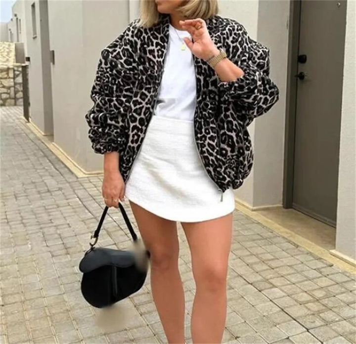 Cropped Bomber Jacket with Zip Closure and All-Over Print