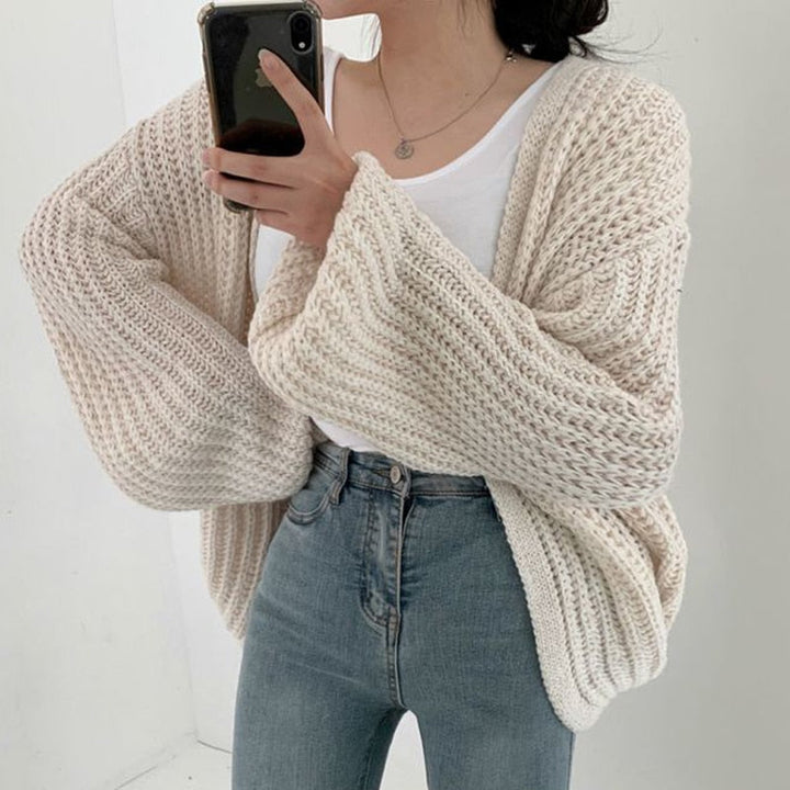 Chunky Knit Open Front Cardigan with Balloon Sleeves