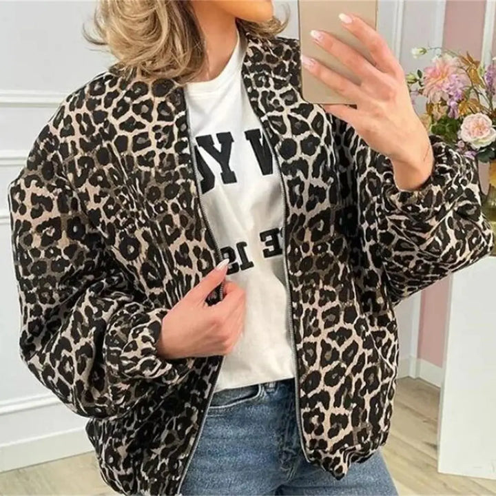 Cropped Bomber Jacket with Zip Closure and All-Over Print