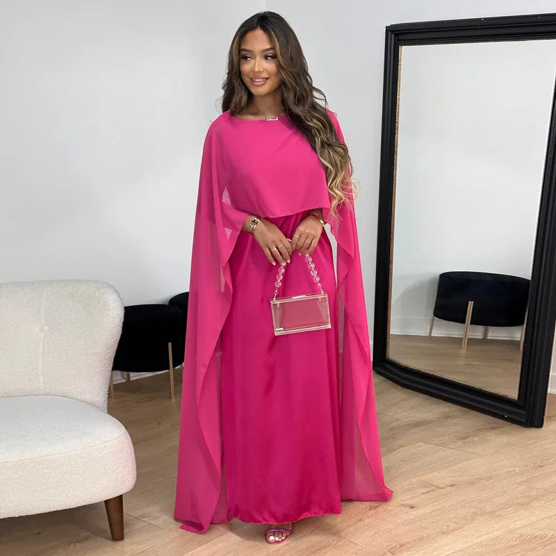 High-Neck Layered Formal Maxi Dress with Cape
