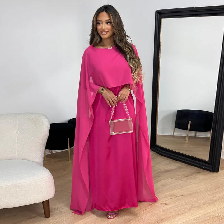High-Neck Layered Formal Maxi Dress with Cape