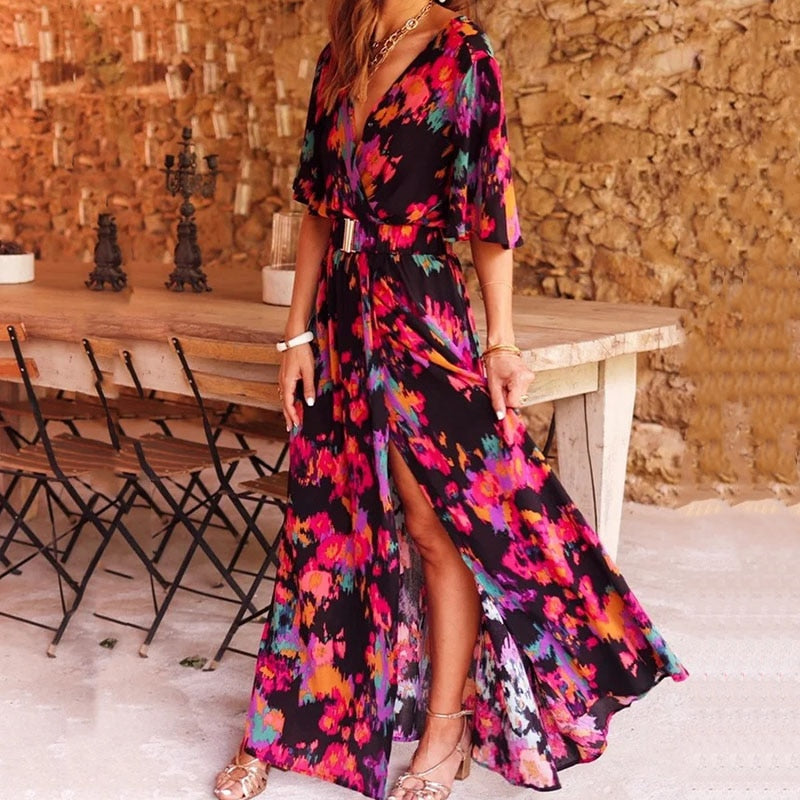 Plunge V-Neck Maxi Dress with Flared Sleeves and Side Slit