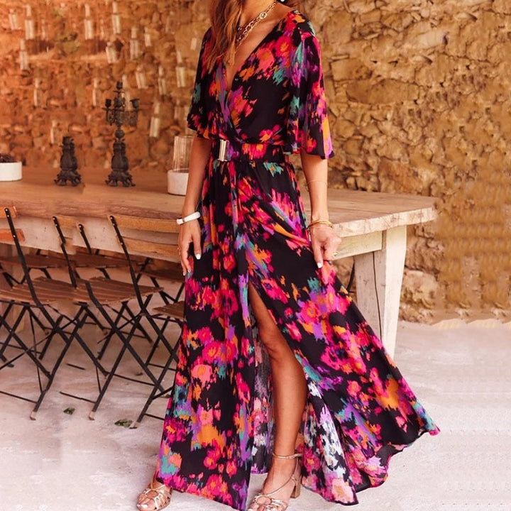 Plunge V-Neck Maxi Dress with Flared Sleeves and Side Slit