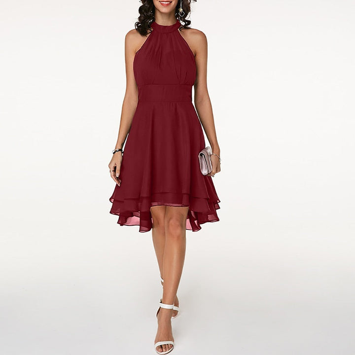 Chiffon Mini Dress with Halter Neckline and High-Low Hem