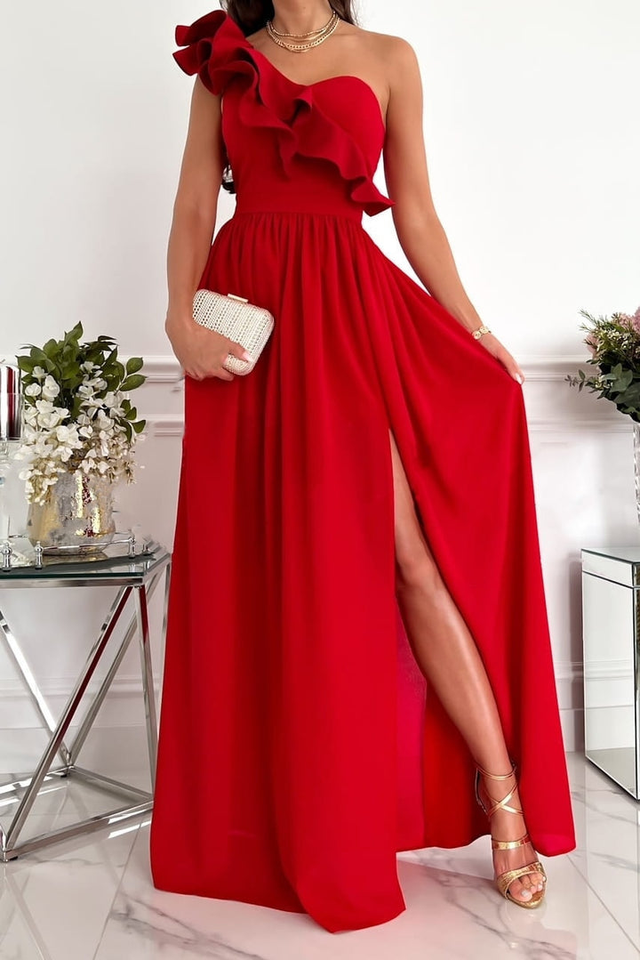 One-Shoulder Maxi Dress with Ruffle Trim and Front Slit