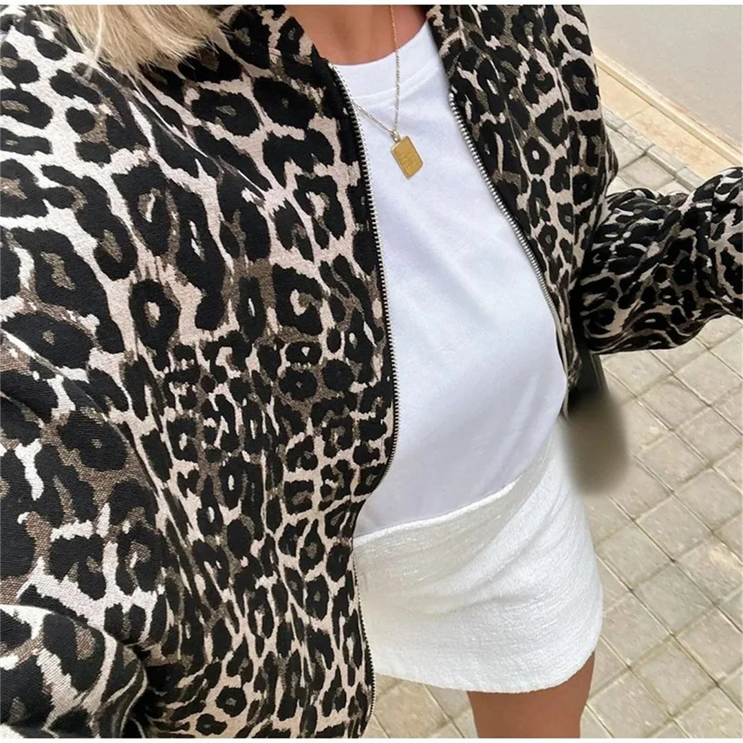 Cropped Bomber Jacket with Zip Closure and All-Over Print