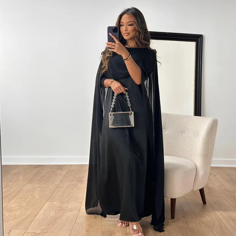 High-Neck Layered Formal Maxi Dress with Cape