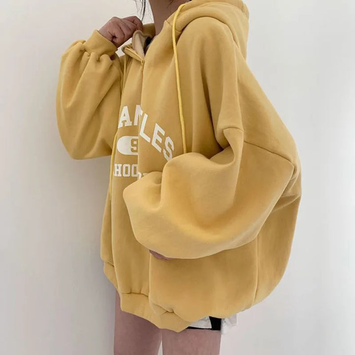 Oversized Zip-Up Hoodie with Drawstring Hood and Graphic Print