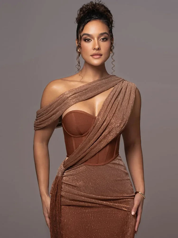 One-Shoulder Maxi Dress with Draped Overlay and Corset Bodice
