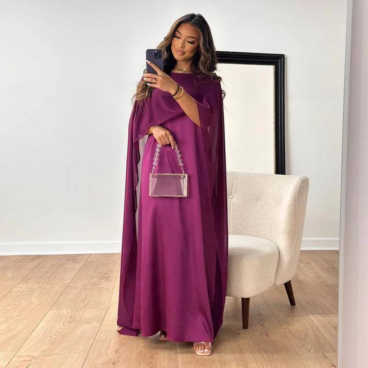 High-Neck Layered Formal Maxi Dress with Cape