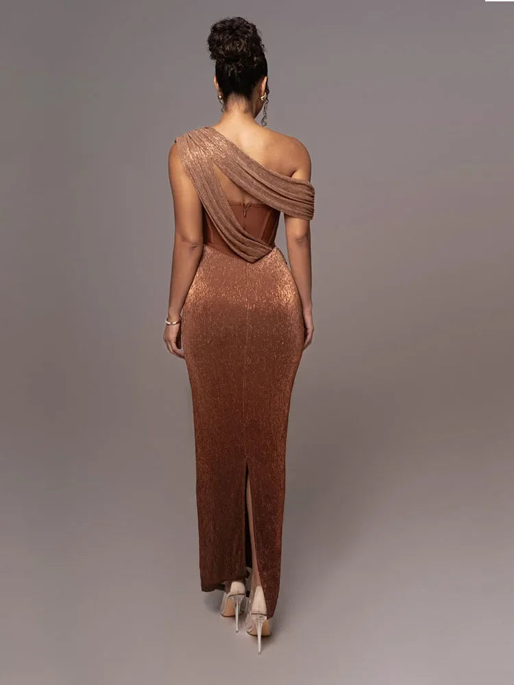 One-Shoulder Maxi Dress with Draped Overlay and Corset Bodice