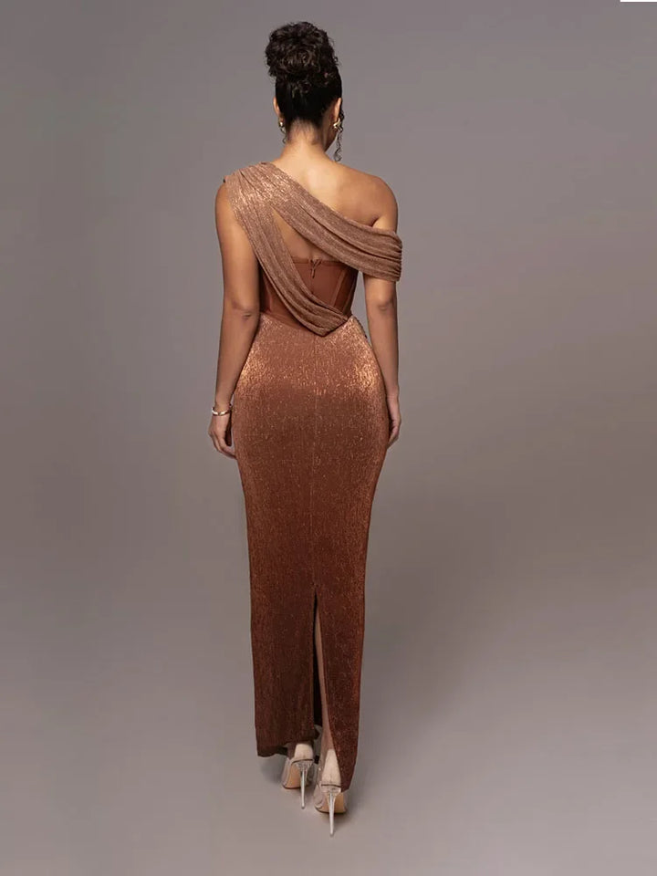 One-Shoulder Maxi Dress with Draped Overlay and Corset Bodice