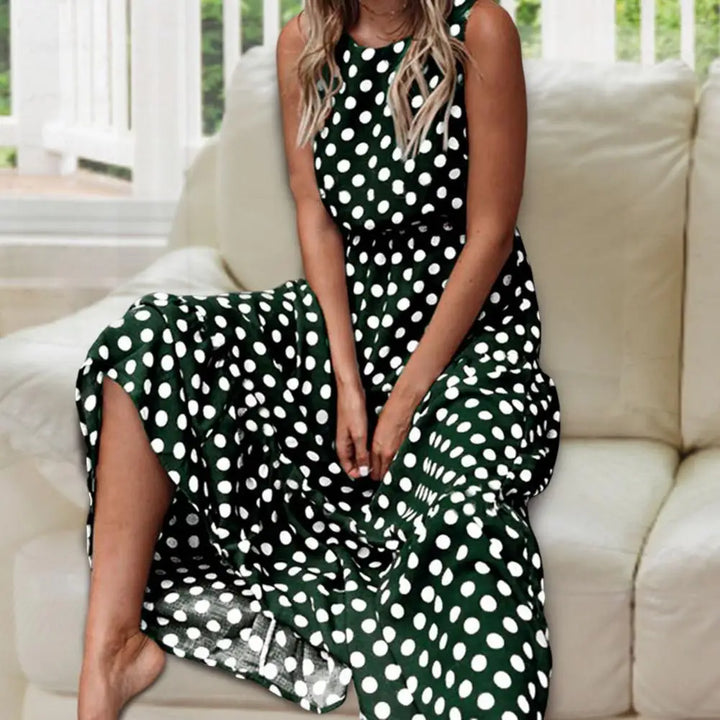 Polka Dot Maxi Dress with Round Neckline and Gathered Waist