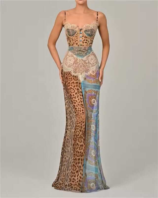 Corset Bodice Maxi Dress with Spaghetti Straps and High Side Slit