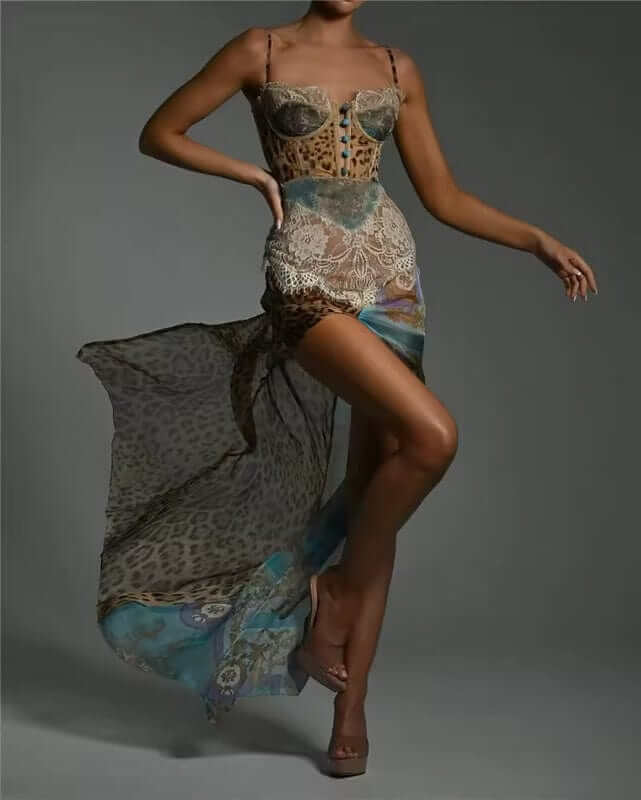 Corset Bodice Maxi Dress with Spaghetti Straps and High Side Slit