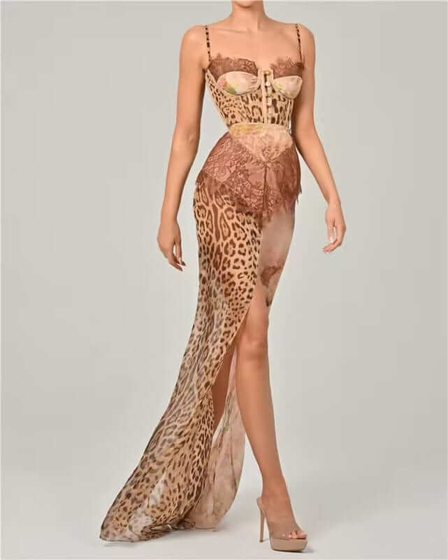 Corset Bodice Maxi Dress with Spaghetti Straps and High Side Slit