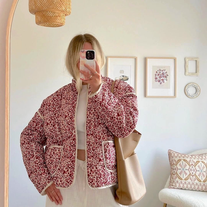 Quilted Floral Pattern Cropped Jacket with Stand Collar and Contrast Piping