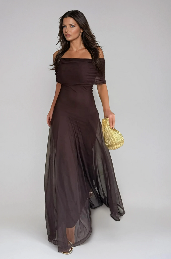 Off-the-Shoulder Sheer Mesh Maxi Dress