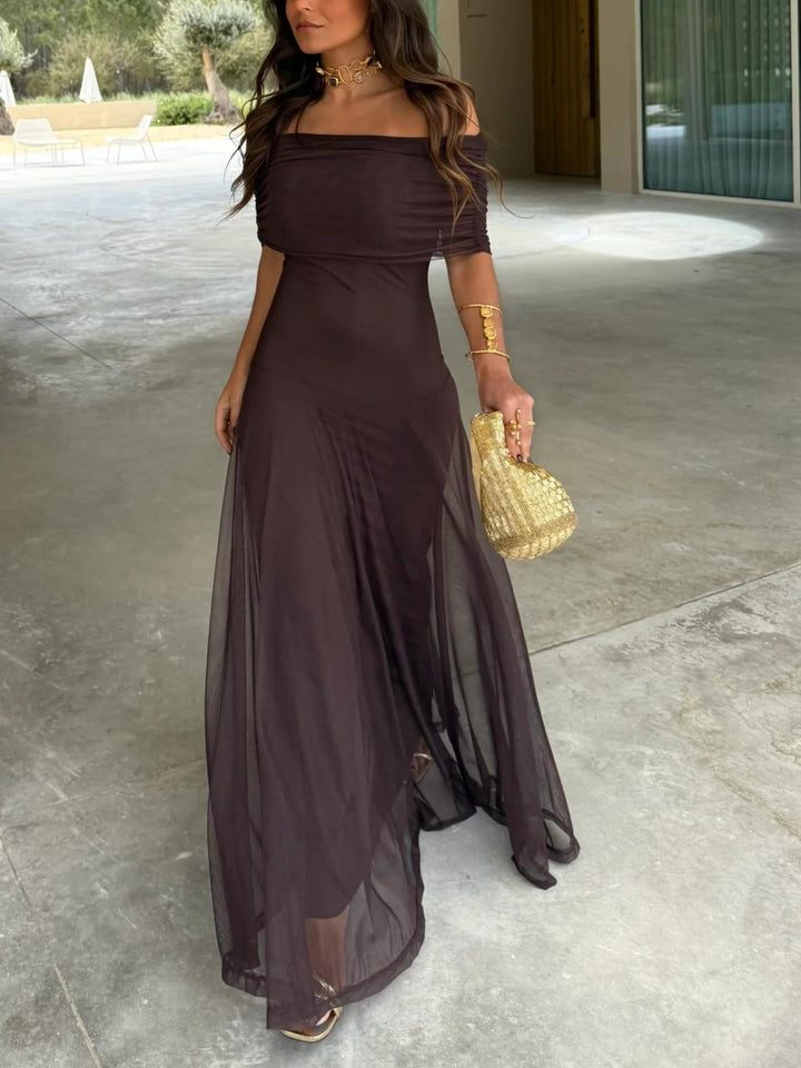 Off-the-Shoulder Sheer Mesh Maxi Dress