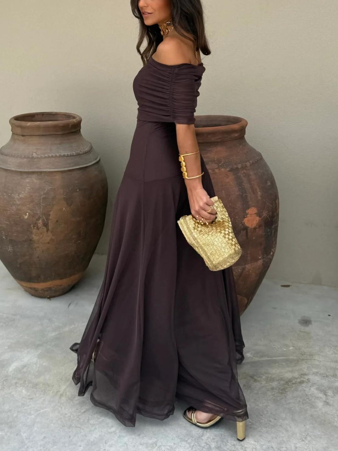 Off-the-Shoulder Sheer Mesh Maxi Dress